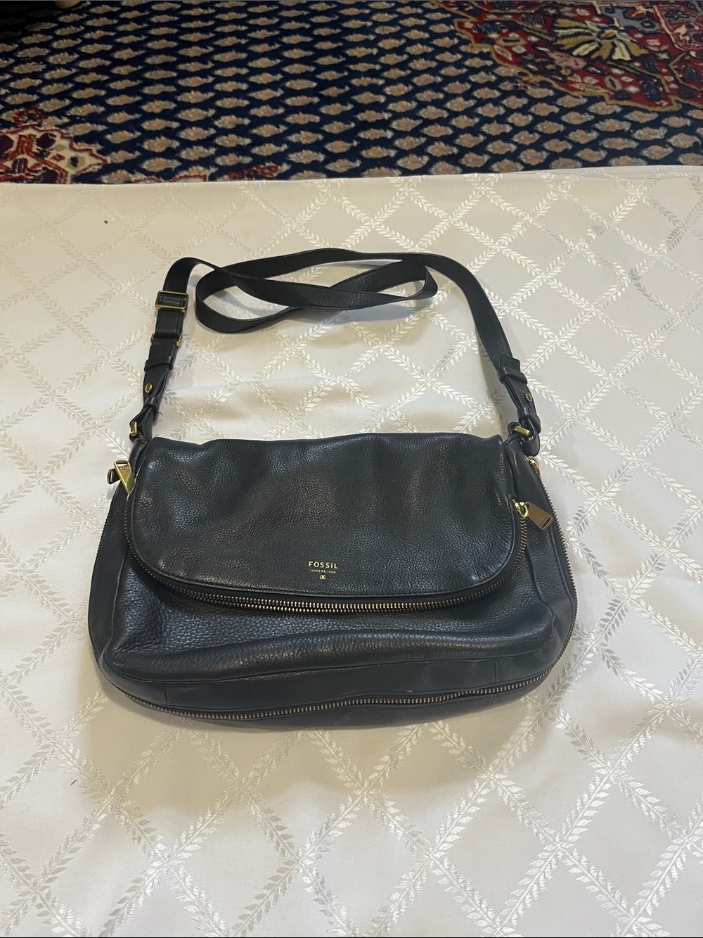 Fossil Black Pebbled Leather Crossbody with Gold Hardware